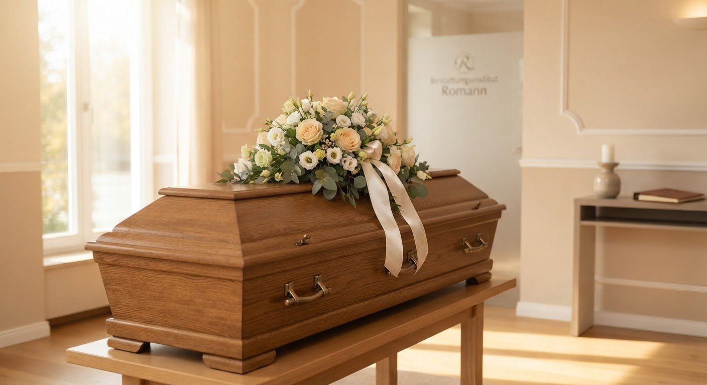Holzsarg mit cremefarbenen Rosen und Satinbändern im warmen Nachmittagslicht