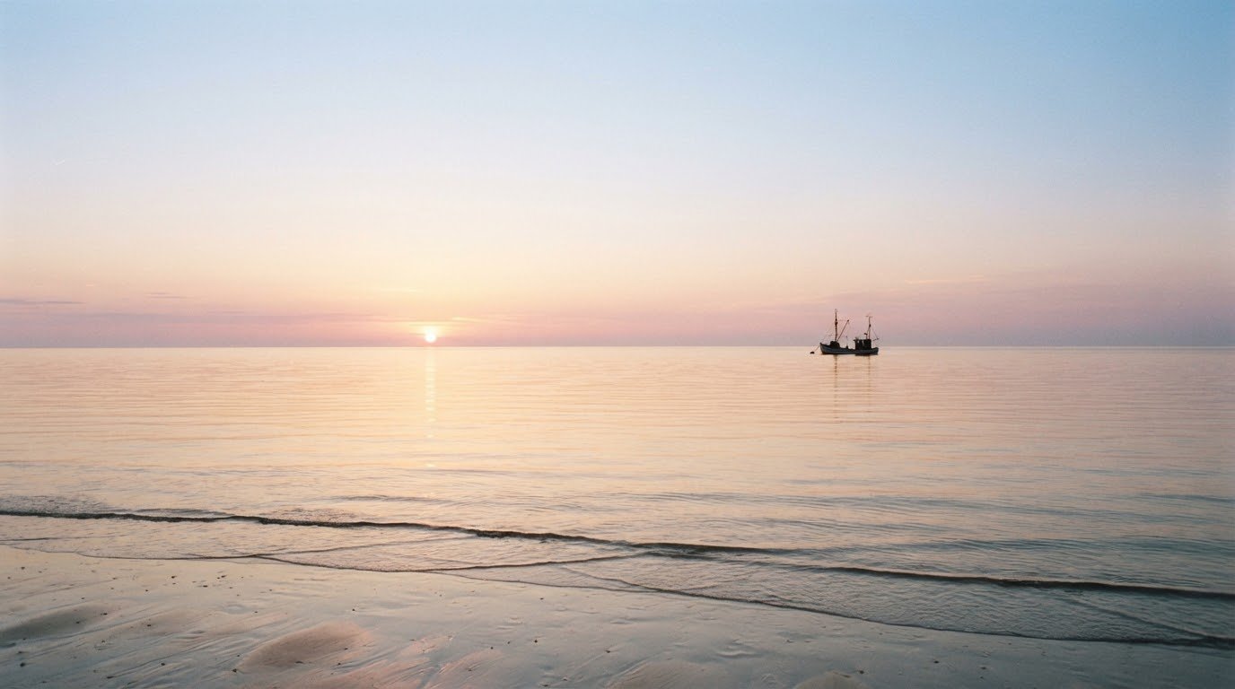 Ruhiger Meereshorizont bei Sonnenuntergang mit goldenen Spiegelungen auf dem Wasser